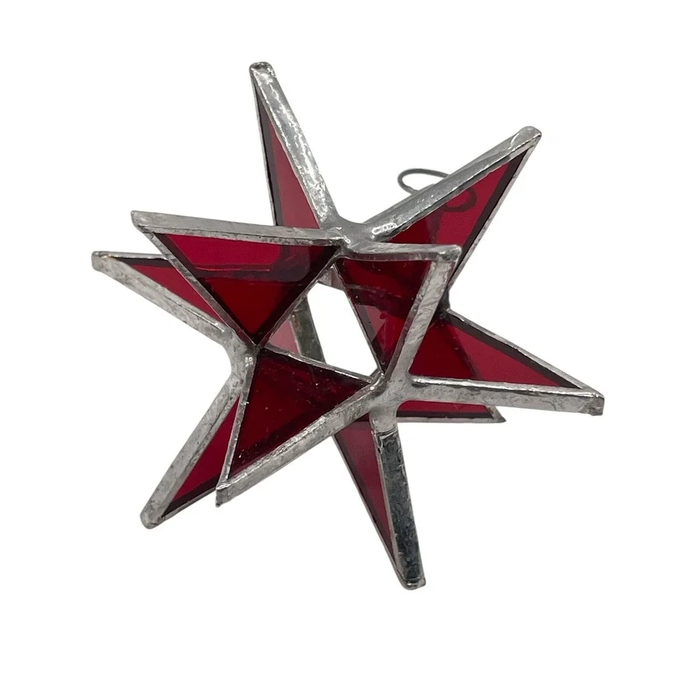 Vintage‎ Moravian 12 Point Star Red Leaded Stained Glass Sun Catcher Ornament